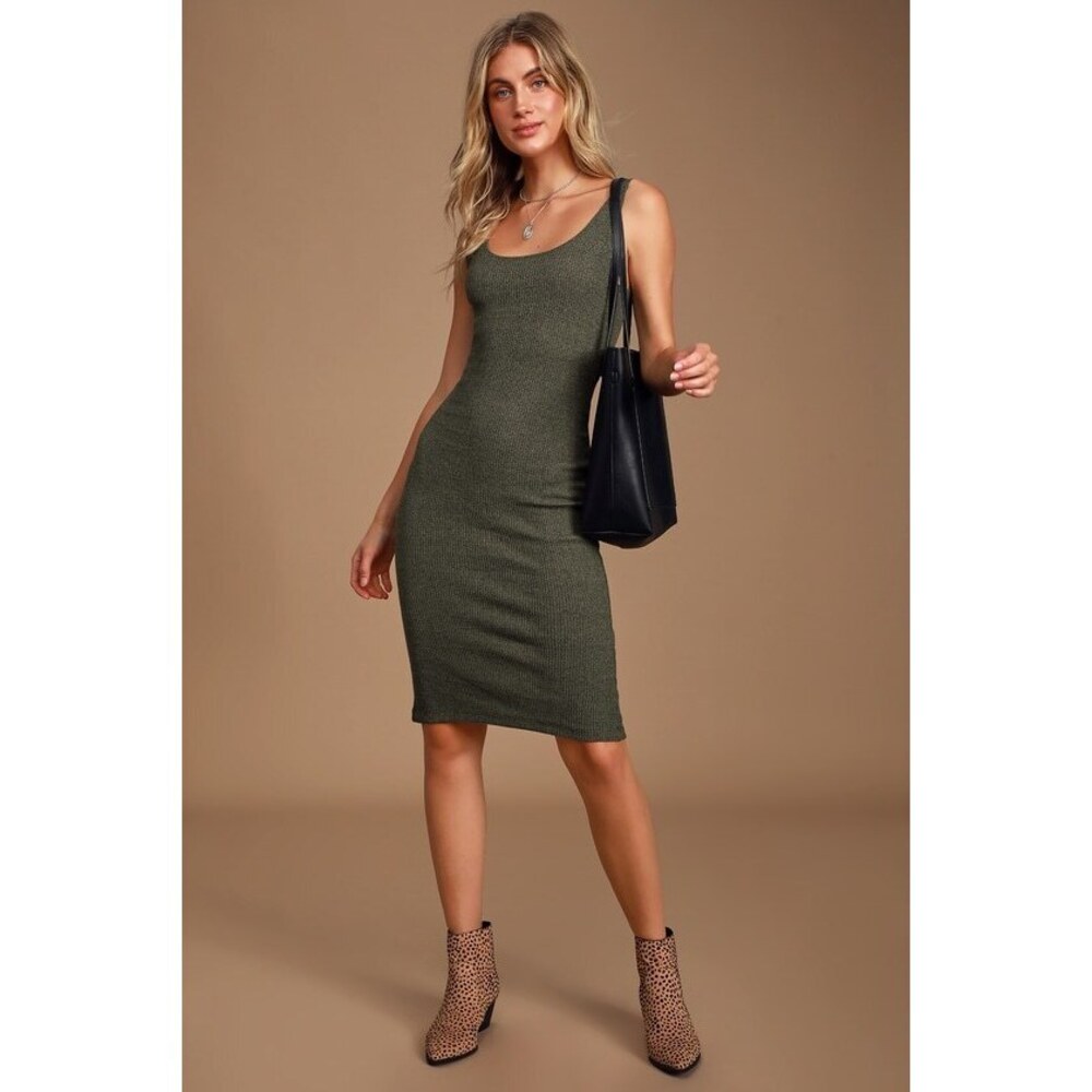 Lulus Gotta Flaunt It Heather Olive Green Ribbed Bodycon Midi Dress - Size S